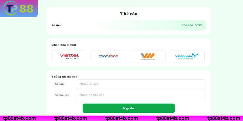 Kín đáo khi nạp tiền TP88 thẻ cào